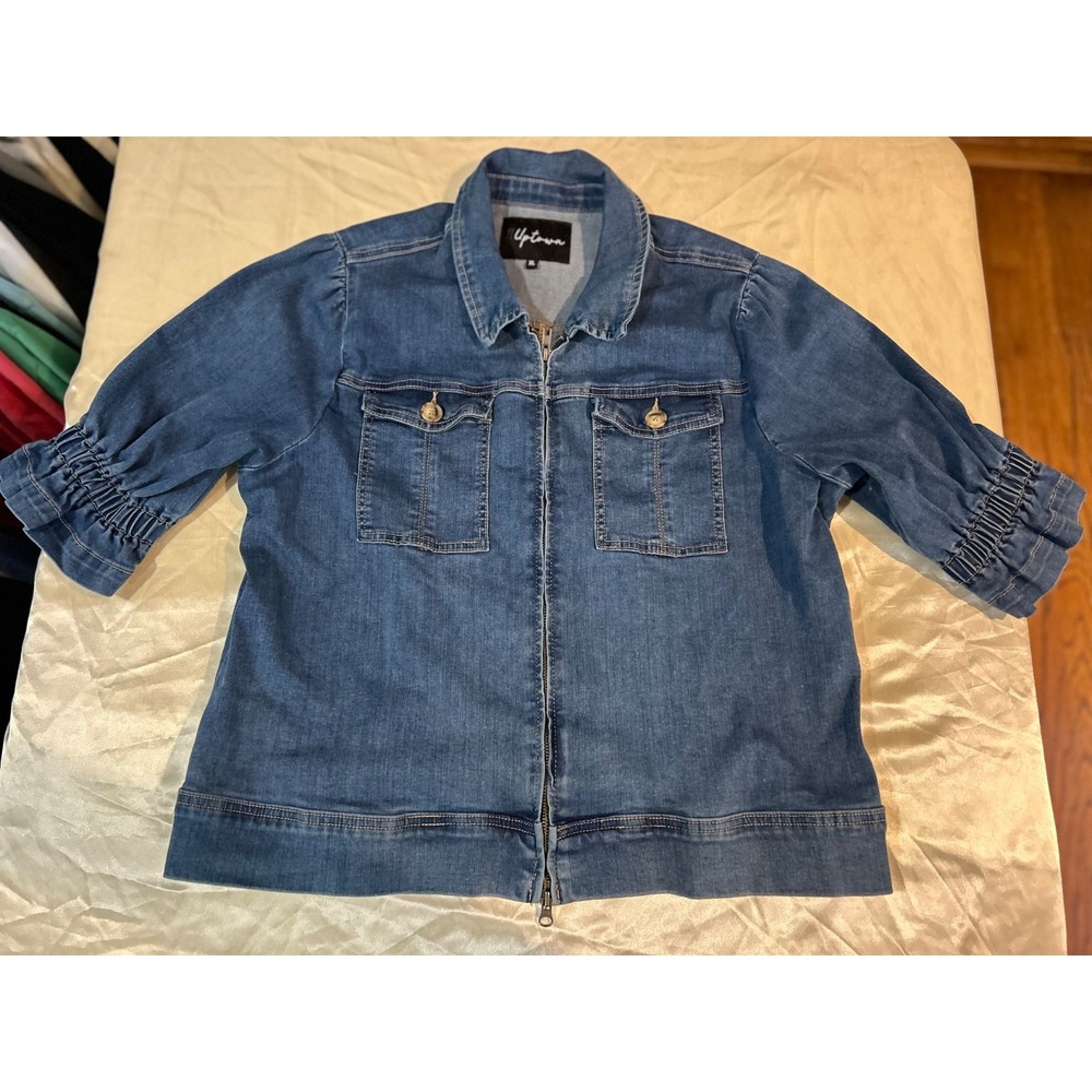 11 Uptown Denim Flounce Sleeve Zip Jacket XL Medium Wash Ruffle Cuff $128